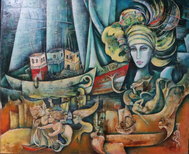 Pintura intitulada "Le Bateau Onirique" por Eliane Betton, Obras de arte originais, Óleo