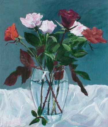 Картина под названием "Bouquet de roses" - Eliane Debard Arnould, Подлинное произведение искусства, Акрил
