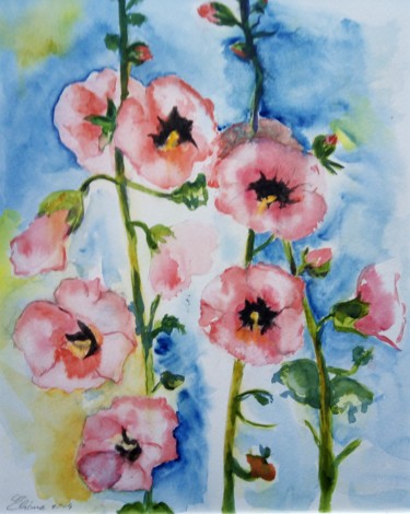 Картина под названием "Roses tremieres" - Eliane Debard Arnould, Подлинное произведение искусства, Акварель