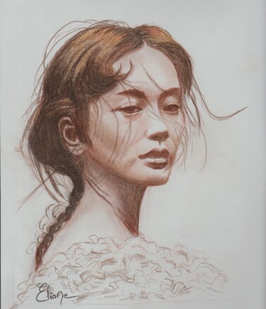 Drawing titled "Femme Asiatique 2" by Eliane Debard Arnould, Original Artwork, Pencil