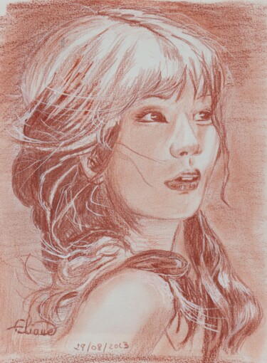 Drawing titled "Beauté asiatique" by Eliane Debard Arnould, Original Artwork, Pencil