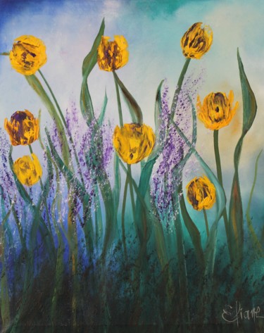 Painting titled "Yellow Tulips in th…" by Eliane Ellie, Original Artwork, Oil