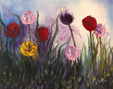 Painting titled "Tulips in the Field" by Eliane Ellie, Original Artwork, Oil