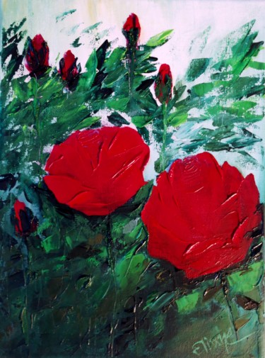 Painting titled "Red Roses With Buds" by Eliane Ellie, Original Artwork, Oil