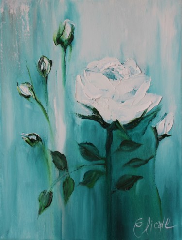 Painting titled "White Rose With Buds" by Eliane Ellie, Original Artwork, Oil