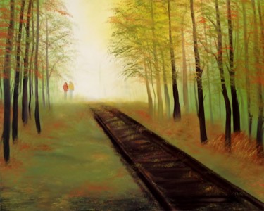 Painting titled "Walking an Old Rail…" by Eliane Ellie, Original Artwork, Oil