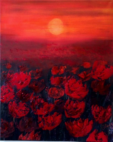 Painting titled "Sunset in a  Red Fi…" by Eliane Ellie, Original Artwork, Oil