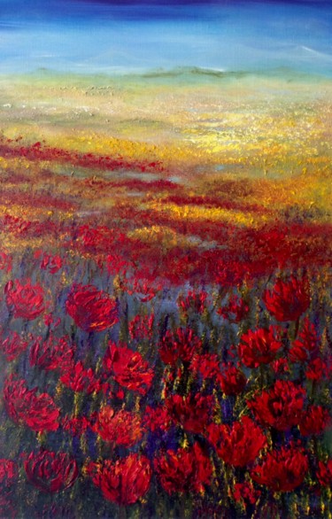 Painting titled "Lavenders, Poppies…" by Eliane Ellie, Original Artwork, Oil