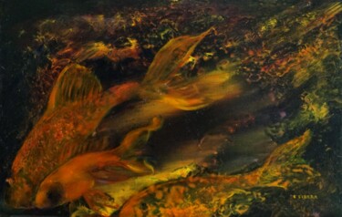 Peinture intitulée "les poissons rouge" par Libera, Œuvre d'art originale, Huile