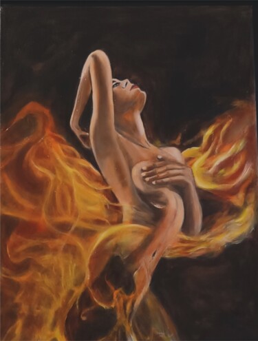 Peinture intitulée "la flamme" par Libera, Œuvre d'art originale, Huile Monté sur Panneau de bois