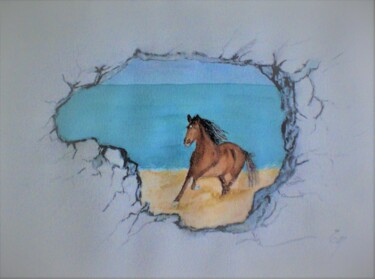 Painting titled "GALOP  - TROMPE L'O…" by Eliane Morvan (CREADELI  "les petits bonheurs d'Eli"), Original Artwork, Watercolor