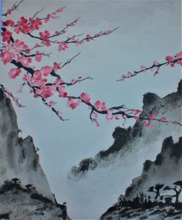 Peinture intitulée "Chine fleurie  Aqua…" par Eliane Morvan (CREADELI  "les petits bonheurs d'Eli"), Œuvre d'art originale,…