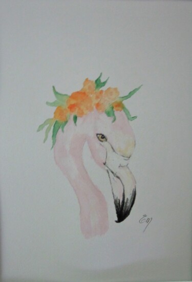 Painting titled "FLAMANT ROSE - aqua…" by Eliane Morvan (CREADELI  "les petits bonheurs d'Eli"), Original Artwork, Watercolor