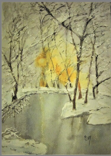 Painting titled "SOLEIL D'HIVER - aq…" by Eliane Morvan (CREADELI  "les petits bonheurs d'Eli"), Original Artwork, Watercolor