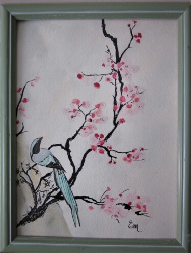 Schilderij getiteld "Oiseau Chine - aqua…" door Eliane Morvan (CREADELI  "les petits bonheurs d'Eli"), Origineel Kunstwerk,…