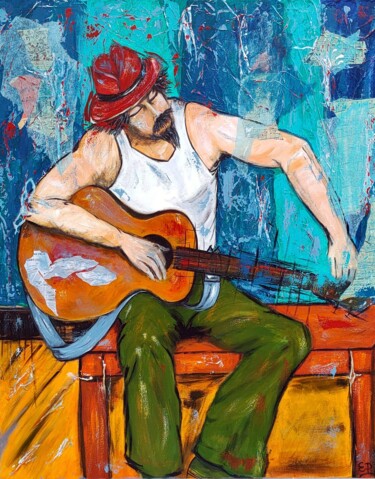 Malarstwo zatytułowany „Le guitariste de Tr…” autorstwa Eliane Perrier, Oryginalna praca, Akryl Zamontowany na Drewniana ram…
