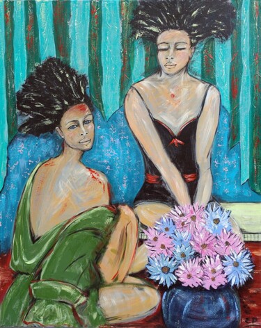 Malarstwo zatytułowany „Confidences estival…” autorstwa Eliane Perrier, Oryginalna praca, Akryl Zamontowany na Drewniana ram…