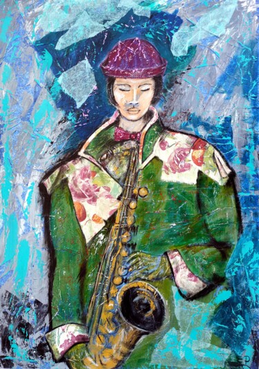 Painting titled "La saxophoniste" by Eliane Perrier, Original Artwork, Acrylic Mounted on Wood Stretcher frame