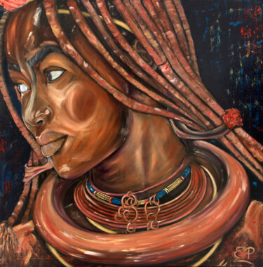 Painting titled "Jeune femme Himbas" by Eliane Perrier, Original Artwork, Oil Mounted on Wood Stretcher frame