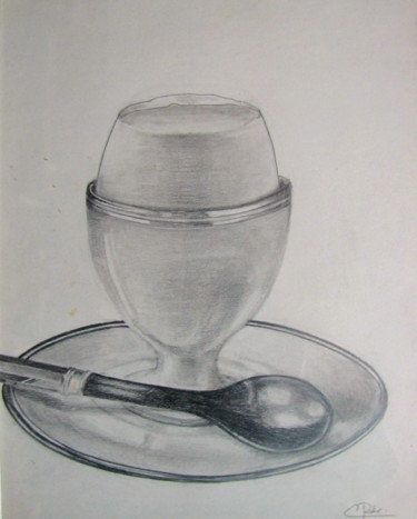 Desenho intitulada "L'oeuf-a-la-coque-2…" por Eliane Robin, Obras de arte originais, Lápis Montado em Vidro