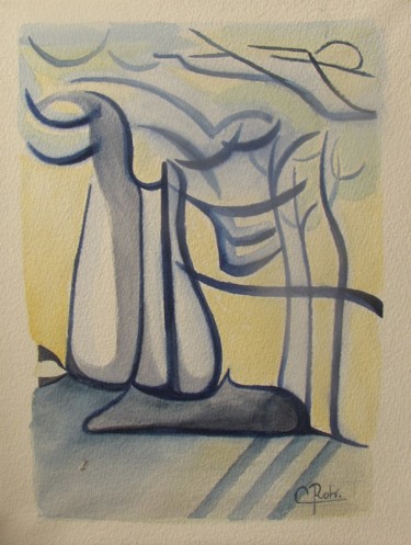 Картина под названием "Arbre bleu 1" - Eliane Robin, Подлинное произведение искусства, Акварель
