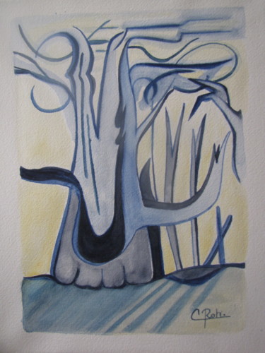 Pintura titulada "Arbre bleu 3" por Eliane Robin, Obra de arte original, Acuarela Montado en Bastidor de camilla de madera