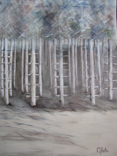 Malerei mit dem Titel "La sapinière" von Eliane Robin, Original-Kunstwerk, Aquarell Auf Keilrahmen aus Holz montiert