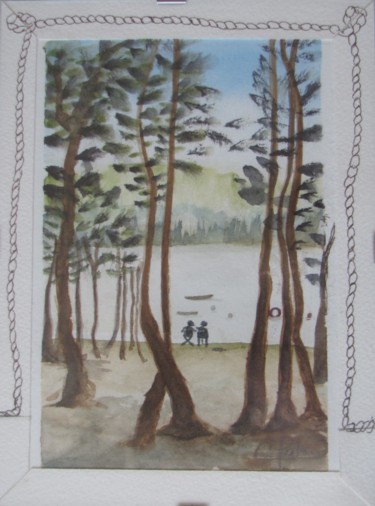 Painting titled "Au bord du lac" by Eliane Robin, Original Artwork, Watercolor Mounted on Glass