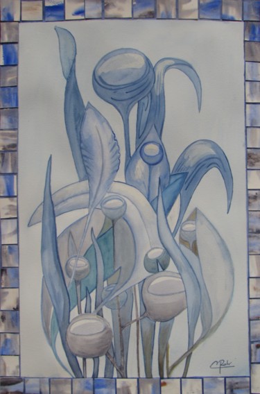 Картина под названием "Fleurs bleues imagi…" - Eliane Robin, Подлинное произведение искусства, Акварель Установлен на Стекло