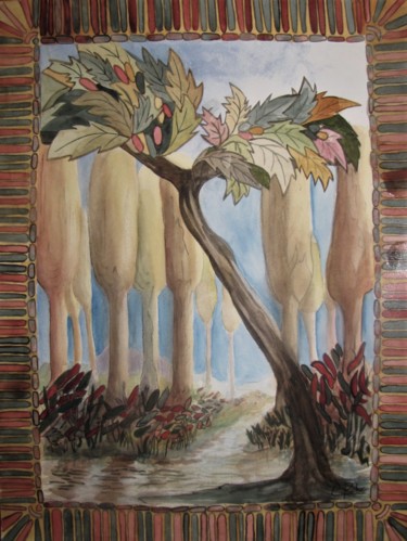 Painting titled "Jardin exotique" by Eliane Robin, Original Artwork, Watercolor Mounted on Glass