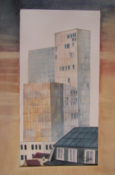 Malerei mit dem Titel "La ville" von Eliane Robin, Original-Kunstwerk, Aquarell Auf Glas montiert