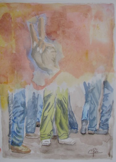 Painting titled "La manif" by Eliane Robin, Original Artwork, Watercolor Mounted on Glass