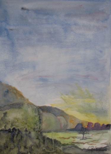 Painting titled "La montagne" by Eliane Robin, Original Artwork, Watercolor Mounted on Glass