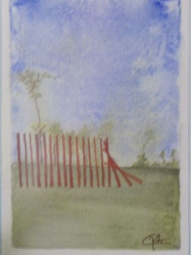 Картина под названием "La barrière" - Eliane Robin, Подлинное произведение искусства, Акварель Установлен на Стекло