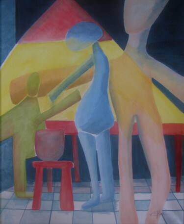 Painting titled "Retrouvailles" by Eliane Robin, Original Artwork, Watercolor Mounted on Wood Stretcher frame