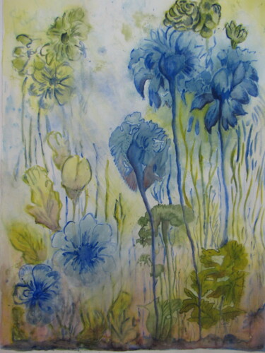 Painting titled "Fleurs bleues" by Eliane Robin, Original Artwork, Watercolor Mounted on Glass