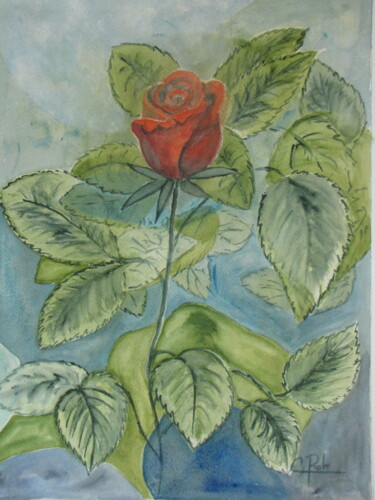 Painting titled "Une rose" by Eliane Robin, Original Artwork, Watercolor Mounted on Glass