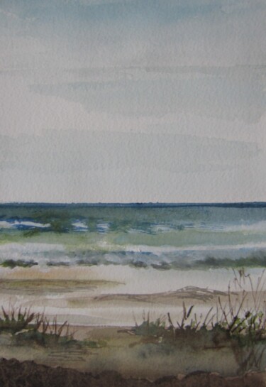 Painting titled "La mer" by Eliane Robin, Original Artwork, Watercolor Mounted on Glass