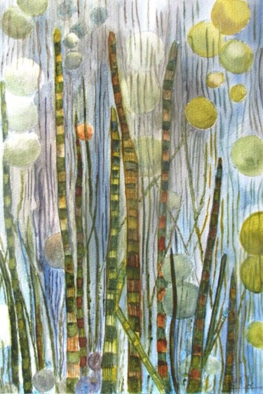 Painting titled "Les algues" by Eliane Robin, Original Artwork, Watercolor Mounted on Glass