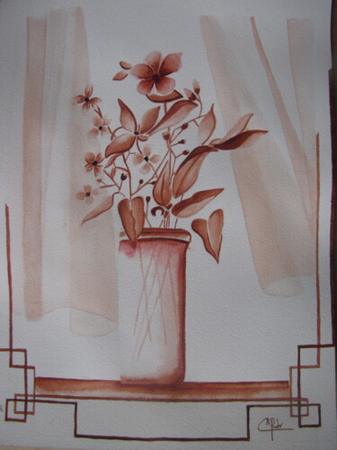 Painting titled "Fleurs rouges" by Eliane Robin, Original Artwork, Watercolor Mounted on Glass