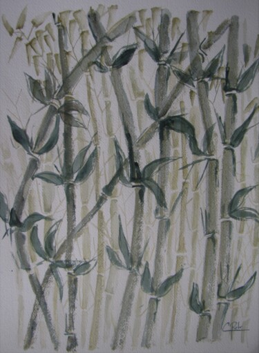 Peinture intitulée "Bambous" par Eliane Robin, Œuvre d'art originale, Aquarelle Monté sur Verre