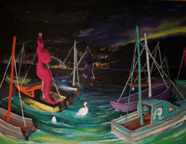 Schilderij getiteld "La Perle du Lac" door Elias Koslow (Causelove), Origineel Kunstwerk, Acryl Gemonteerd op Frame voor hou…