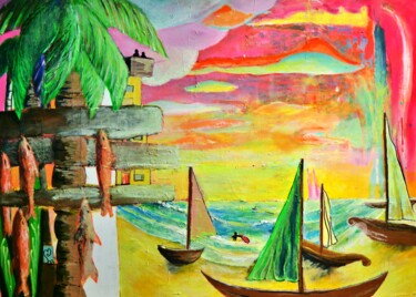 Painting titled "Beach Day" by Elias Koslow (Causelove), Original Artwork, Acrylic Mounted on Wood Stretcher frame