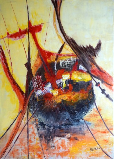 Painting titled "le-bateau-pirate" by Eliette Gaurin, Original Artwork, Oil