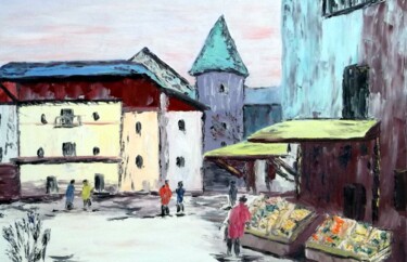 Painting titled "Jour de marché" by Eliette Gaurin, Original Artwork, Oil