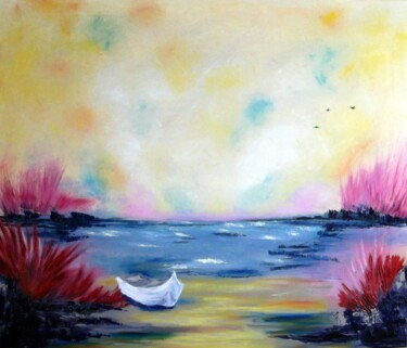 Peinture intitulée "Barque sur la plage" par Eliette Gaurin, Œuvre d'art originale, Huile