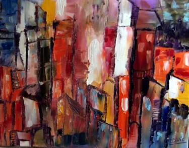 Painting titled "couleurs d une ville" by Eliette Gaurin, Original Artwork, Oil Mounted on Wood Stretcher frame