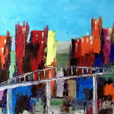 Peinture intitulée "pont-ville-nouvelle" par Eliette Gaurin, Œuvre d'art originale, Huile Monté sur Châssis en bois