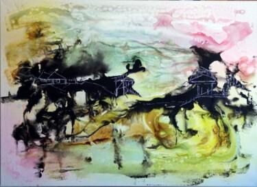 Painting titled "montagne-et-enchant…" by Eliette Gaurin, Original Artwork, Ink Mounted on Wood Stretcher frame