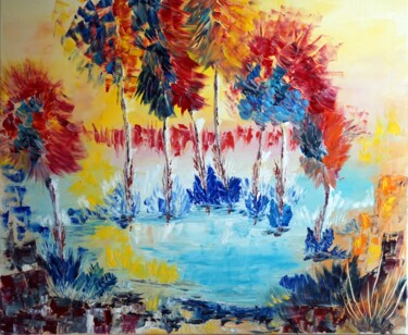 Painting titled "foret-flamboyante" by Eliette Gaurin, Original Artwork, Oil Mounted on Wood Stretcher frame